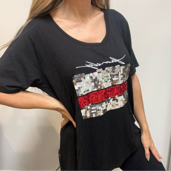 YXL Collection Oversized Short Sleeve Embellished Beads Black Red T- Shirt Top1X - Picture 4 of 9